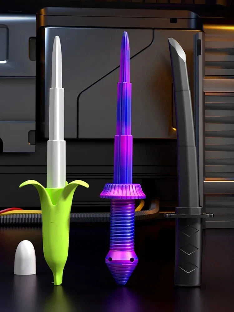 A purple and green 3D gravity banana katana stress relief toy is displayed next to a black knife.