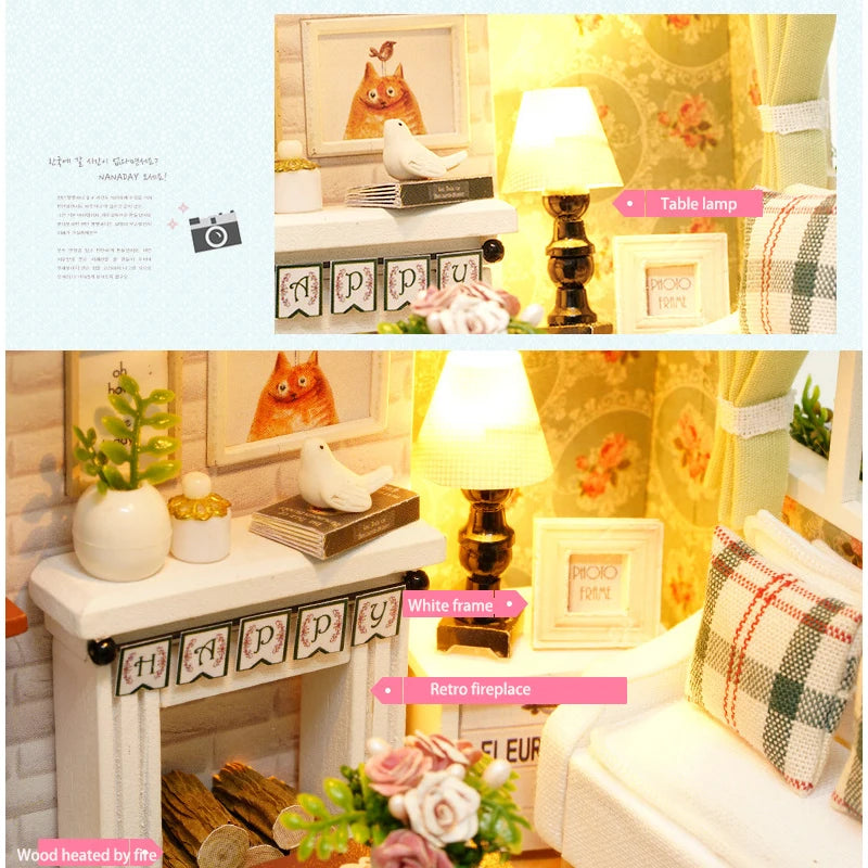 DIY Miniature Wooden Dollhouse Kit with LED Lighting