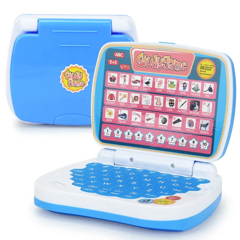A blue and white interactive learning laptop toy for children with colorful buttons and letters.