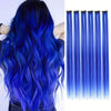 A set of six long, straight, royal blue clip-in hair extensions for instant color