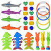 A collection of colorful diving toys including fish shapes and rings for swimming pool games