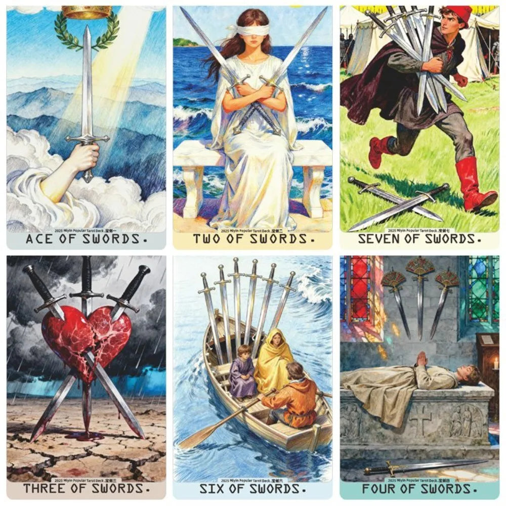 A collection of seven tarot cards featuring painterly illustrations for the Ace, Two, Seven, Three, Six, and Four of Swords.