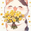 A cute white and gray cat character holding a bouquet of yellow flowers.