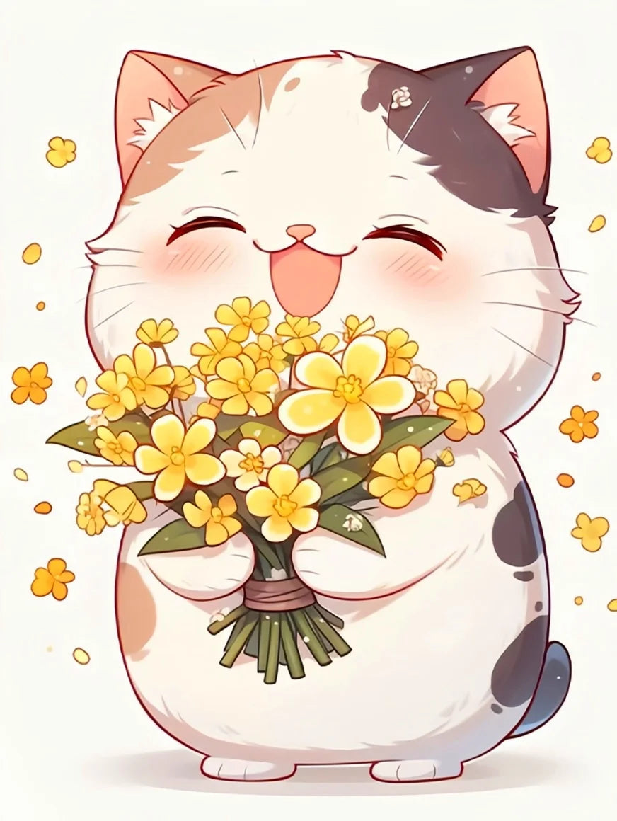 A cute white and gray cat character holding a bouquet of yellow flowers.