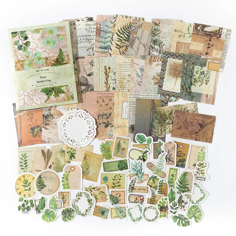 A collection of vintage paper and stickers for crafting, featuring botanical illustrations and aged textures.