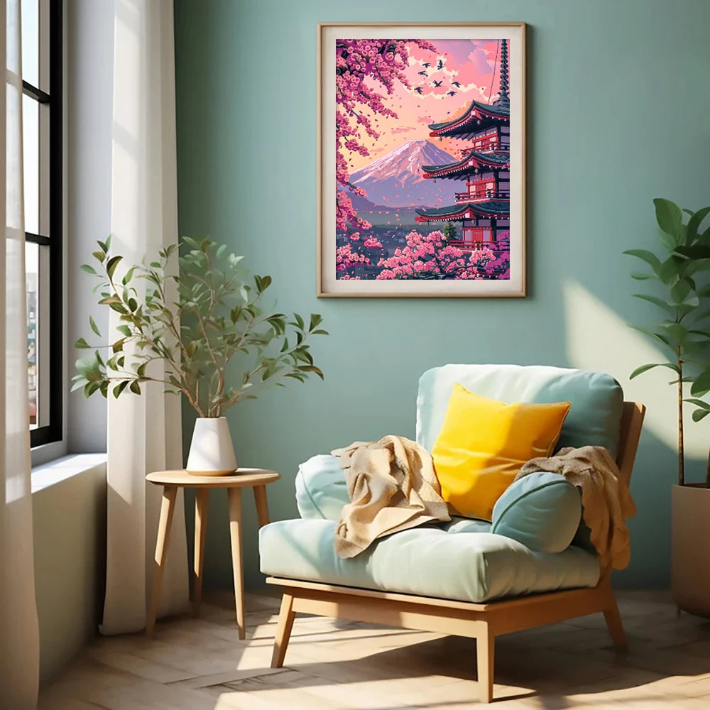 Cherry Blossom Tower Diamond Painting Kit – DIY 5D Wall Art for Adults