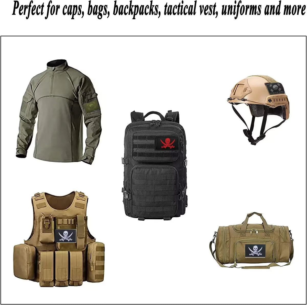 A collection of tactical gear including a military-style shirt, a black backpack, and various hook-and-loop patches.