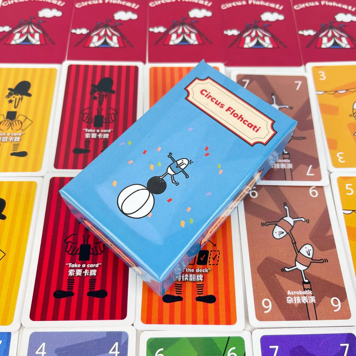 A box of Circus Flohcatl cards lying on a grid of game cards.