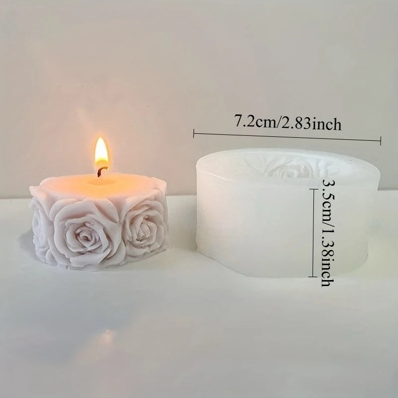 A white silicone rose candle mold with a lit candle and a measuring guide.