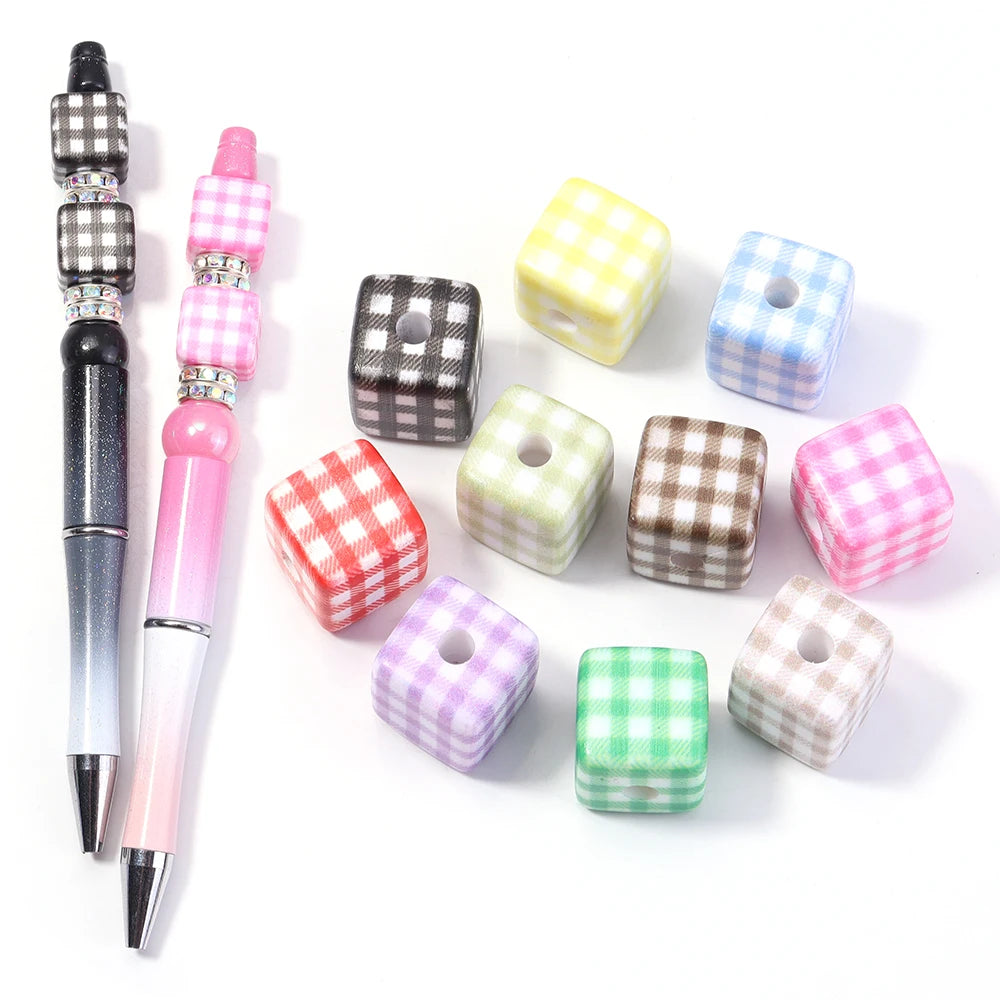 Classic Plaid Acrylic Cube Beads for Jewelry Making