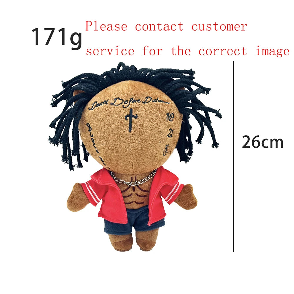 A plush doll resembling Eminem, XXXTentacion, and Frank Ocean with dark hair wearing a red jacket.