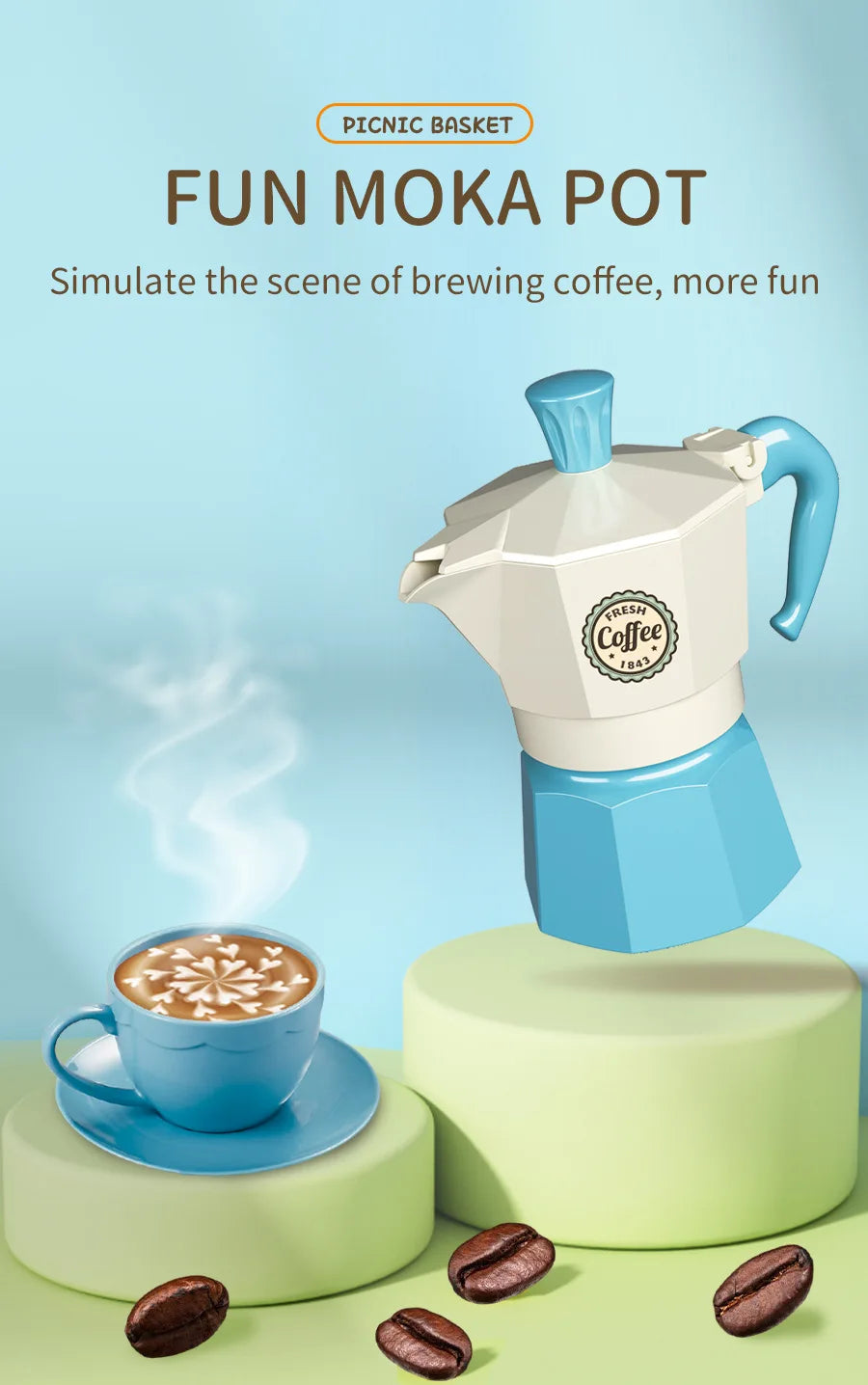 A blue and white mock coffee pot is shown with a cup of coffee on a green surface, simulating a fun picnic scene.