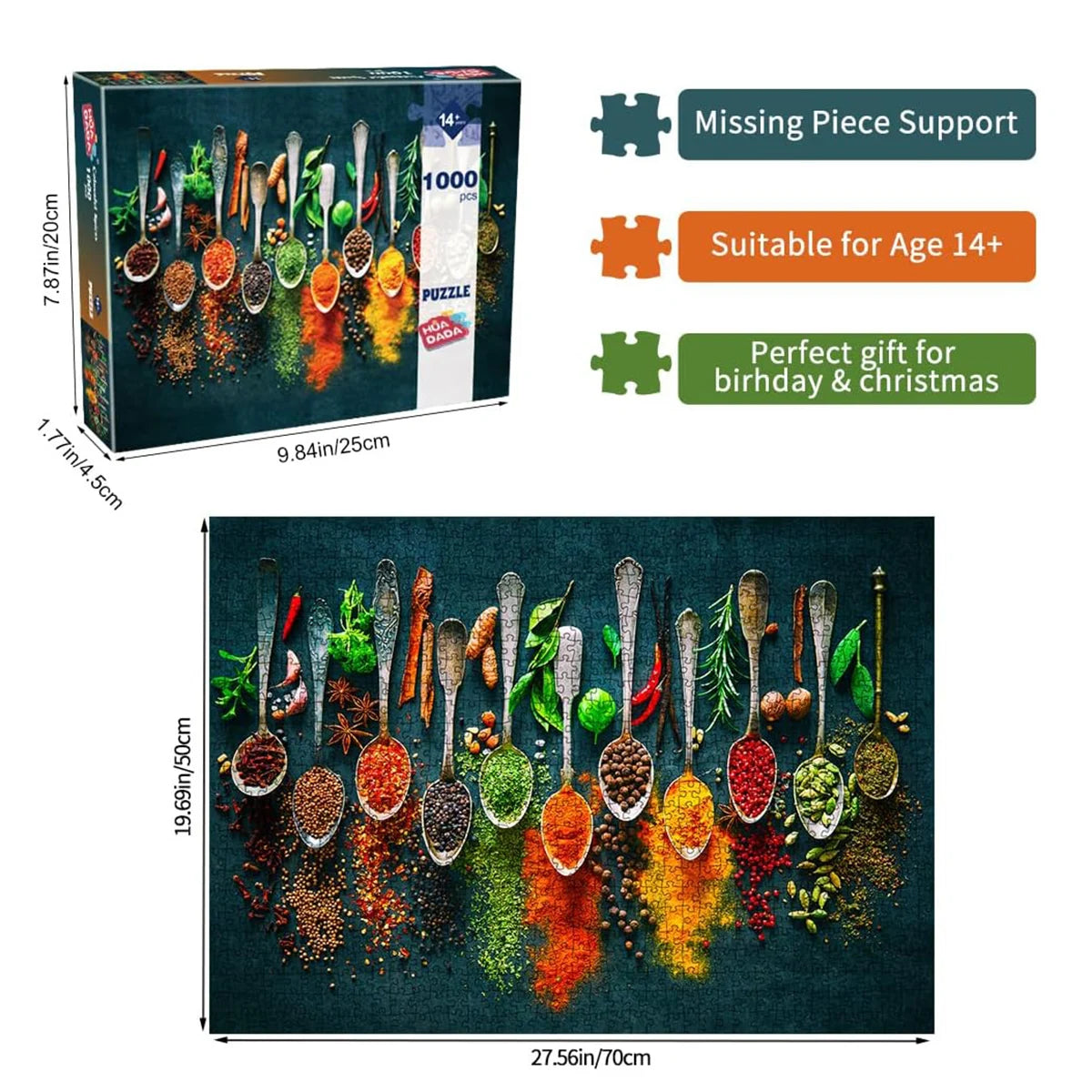 A box of a 1000-piece colorful jigsaw puzzle featuring various spoons and food items for adults and teens.