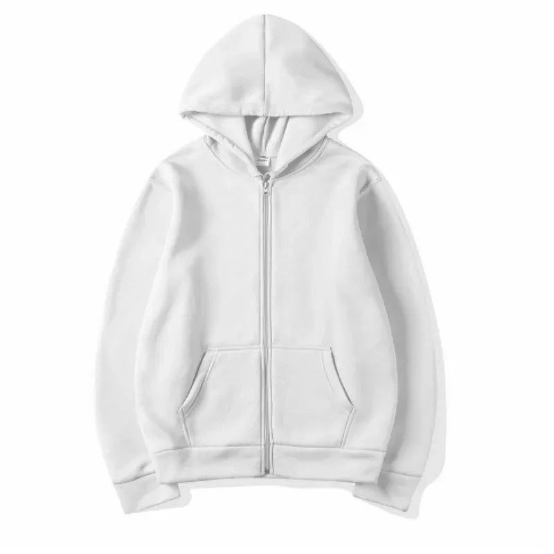 A white oversized zip-up hoodie with a hood and front pocket.