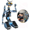 A blue and gray motorized military mech robot building block set with remote control features.
