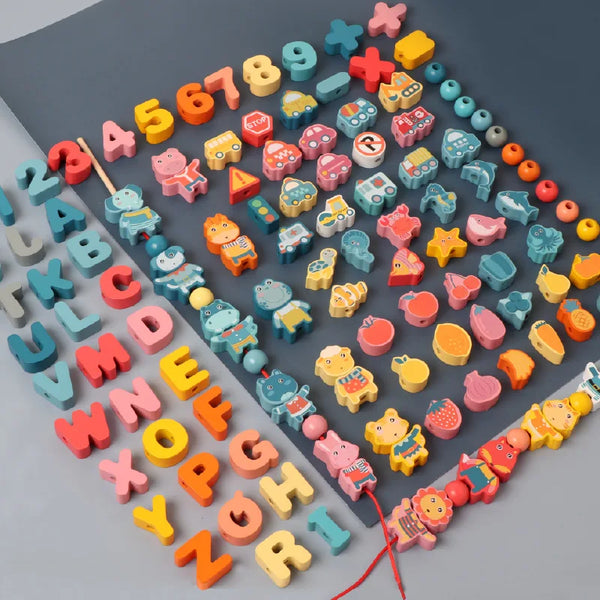 A collection of colorful wooden lacing beads arranged in a triangular pattern for Montessori training.