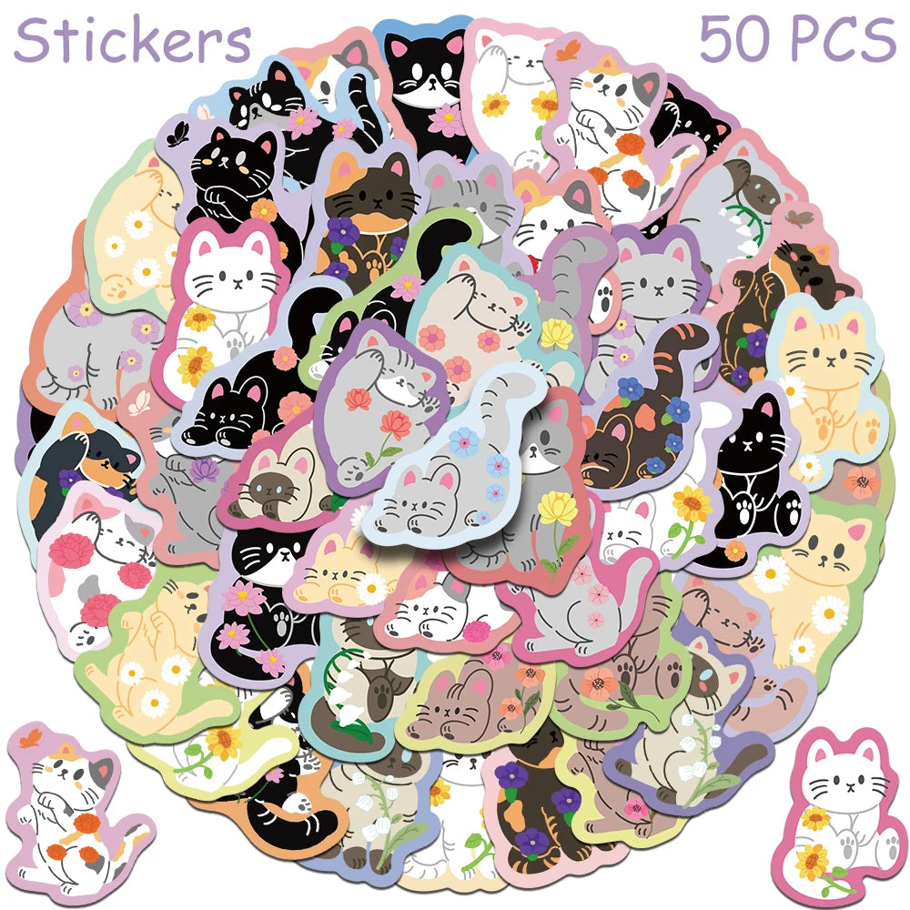 A large collection of 50 cute cartoon cat stickers featuring various expressions and styles.