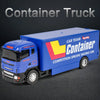A blue 1:64 scale diecast container truck with a trailer, featuring racing team branding.