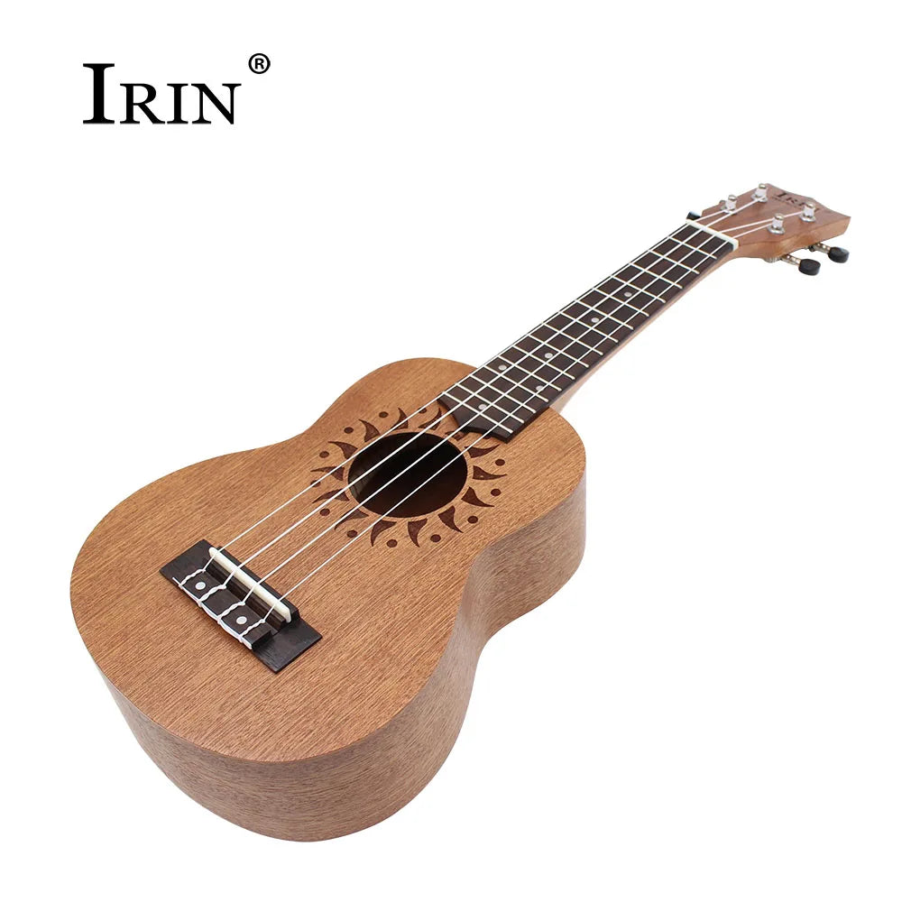A wooden ukulele guitar with a light brown finish and a soundhole rosette, shown from the side.
