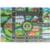 A colorful play mat depicting a city road map with various buildings and features like a bus station hospital school and post
