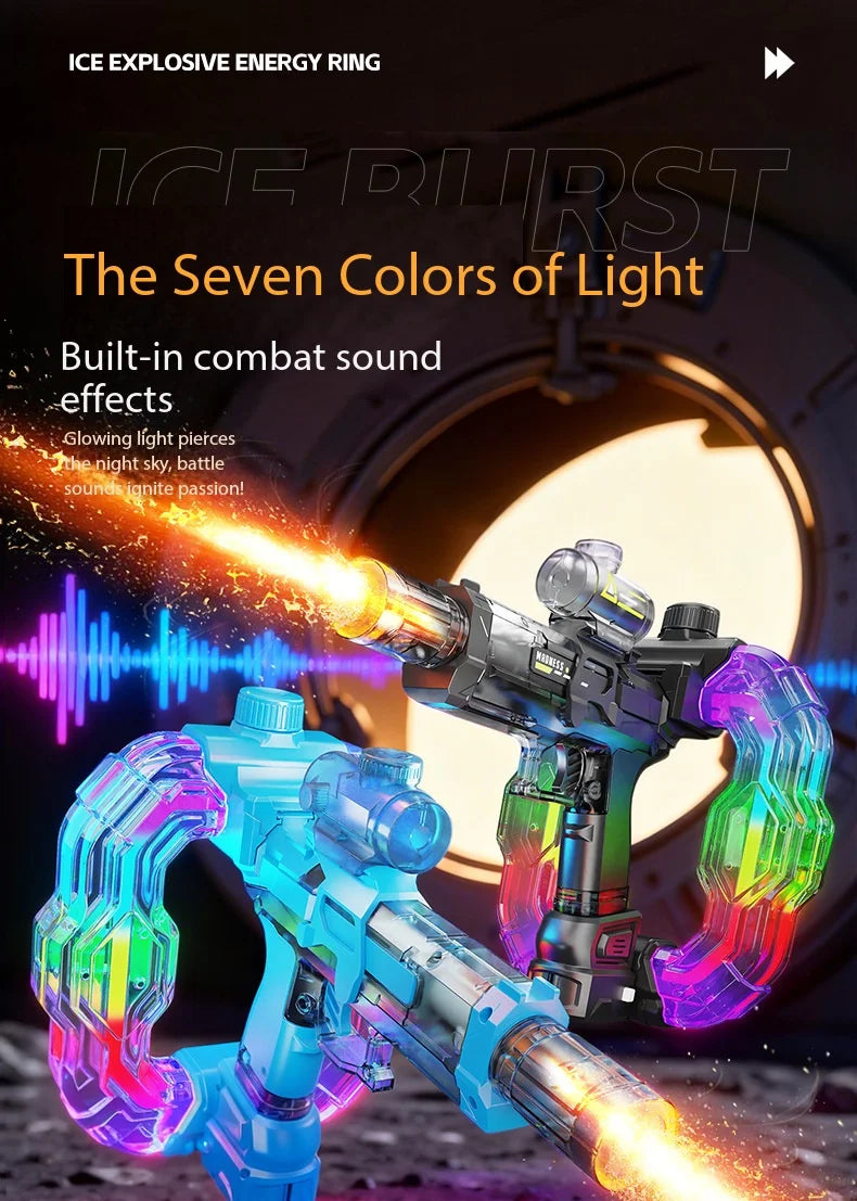 A close-up of an ice burst energy ring toy gun firing a bright light beam against a dark background.