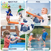A collection of children playing with an electric water blaster toy gun in various outdoor and backyard settings.