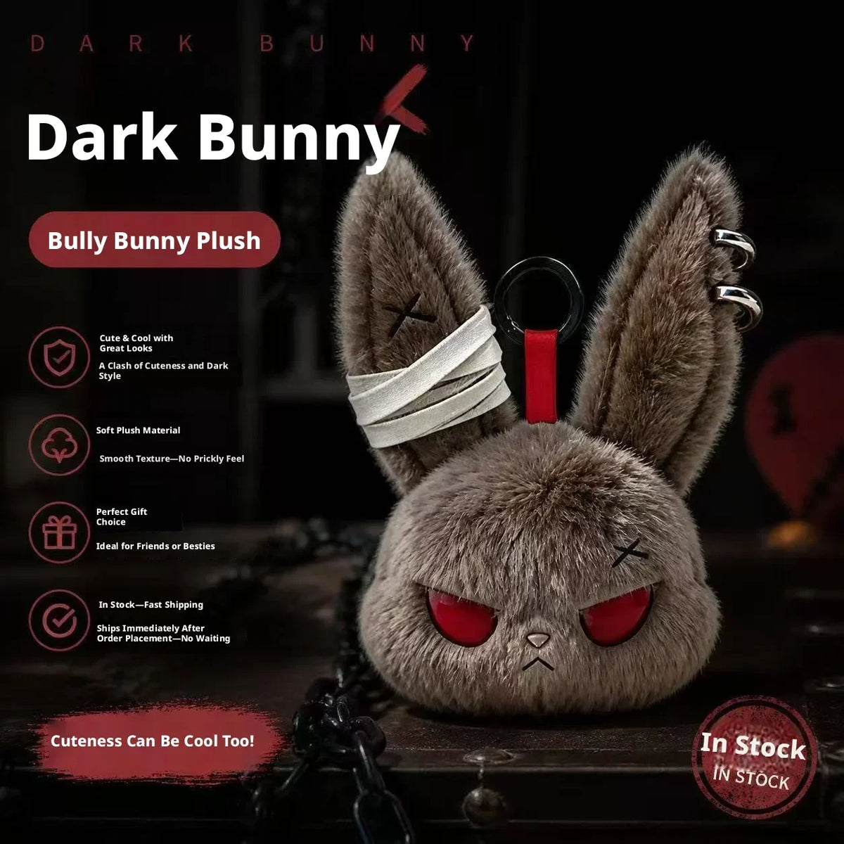A dark brown bunny plush toy with large red eyes and a white bandage design, shown against a dark background.