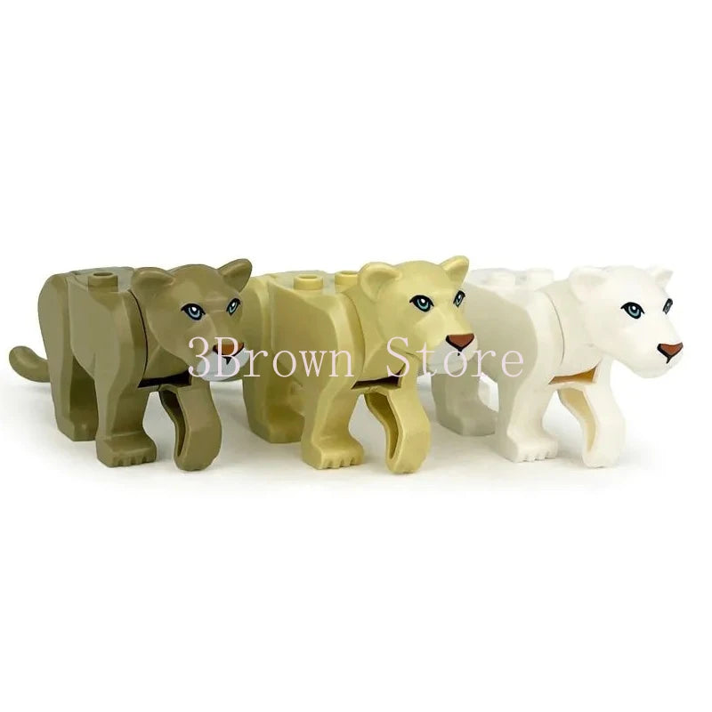 A set of six African wildlife animal building blocks, including a lion, elephant, and white animal models.