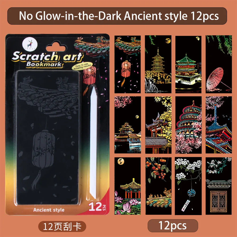 A set of 12 pieces of glow-in-the-dark scratch art bookmarks featuring traditional Asian architecture and motifs.