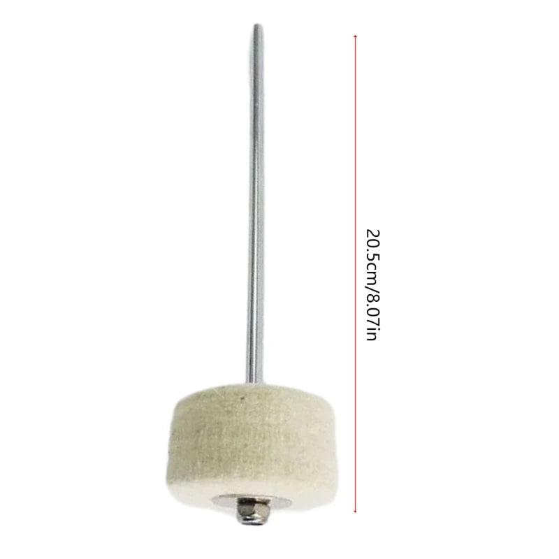 A silver metal rod with a felt and rubber head attached, used as a bass drum pedal beater.