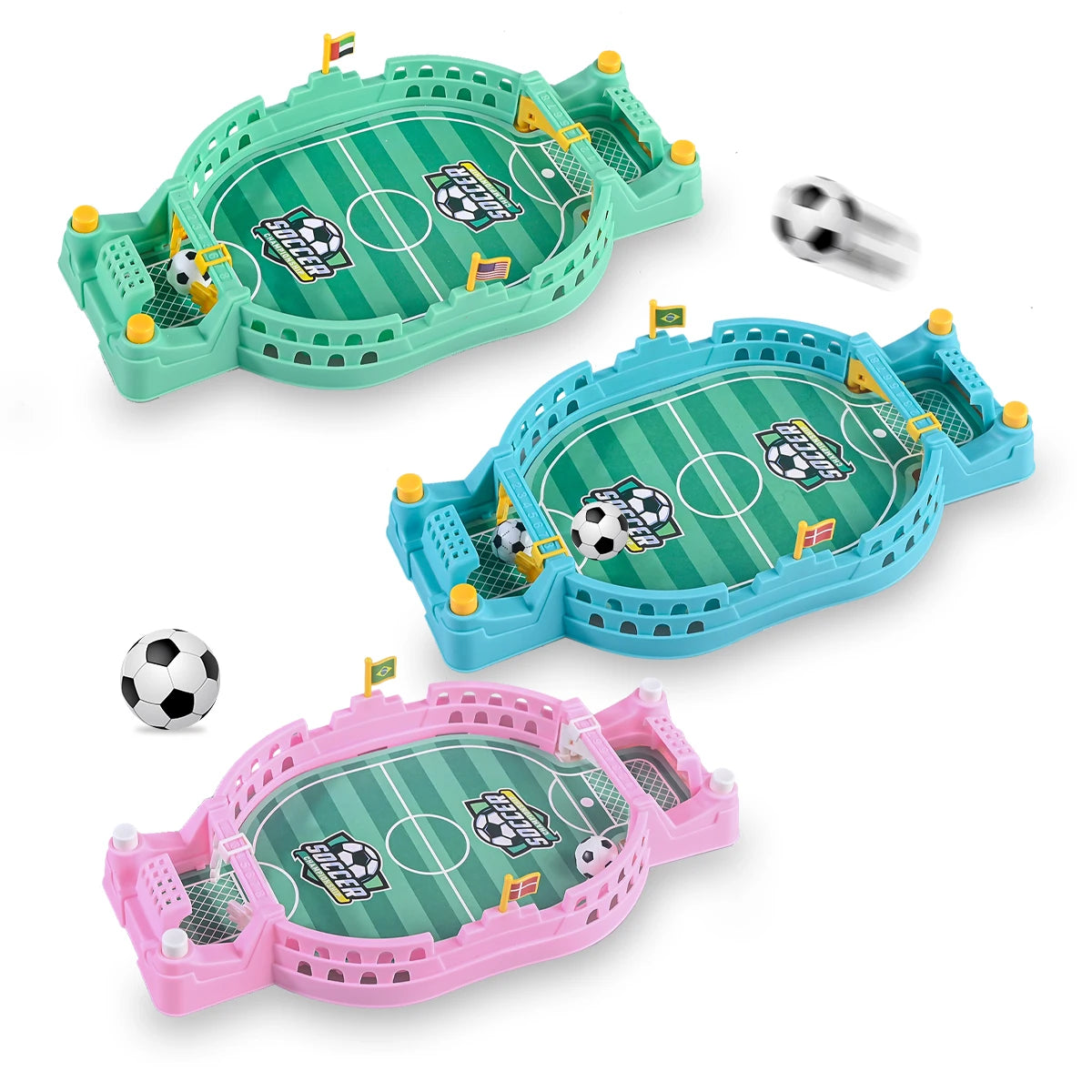 Three versions of a compact tabletop foosball game for kids and adults in green, blue, and pink.
