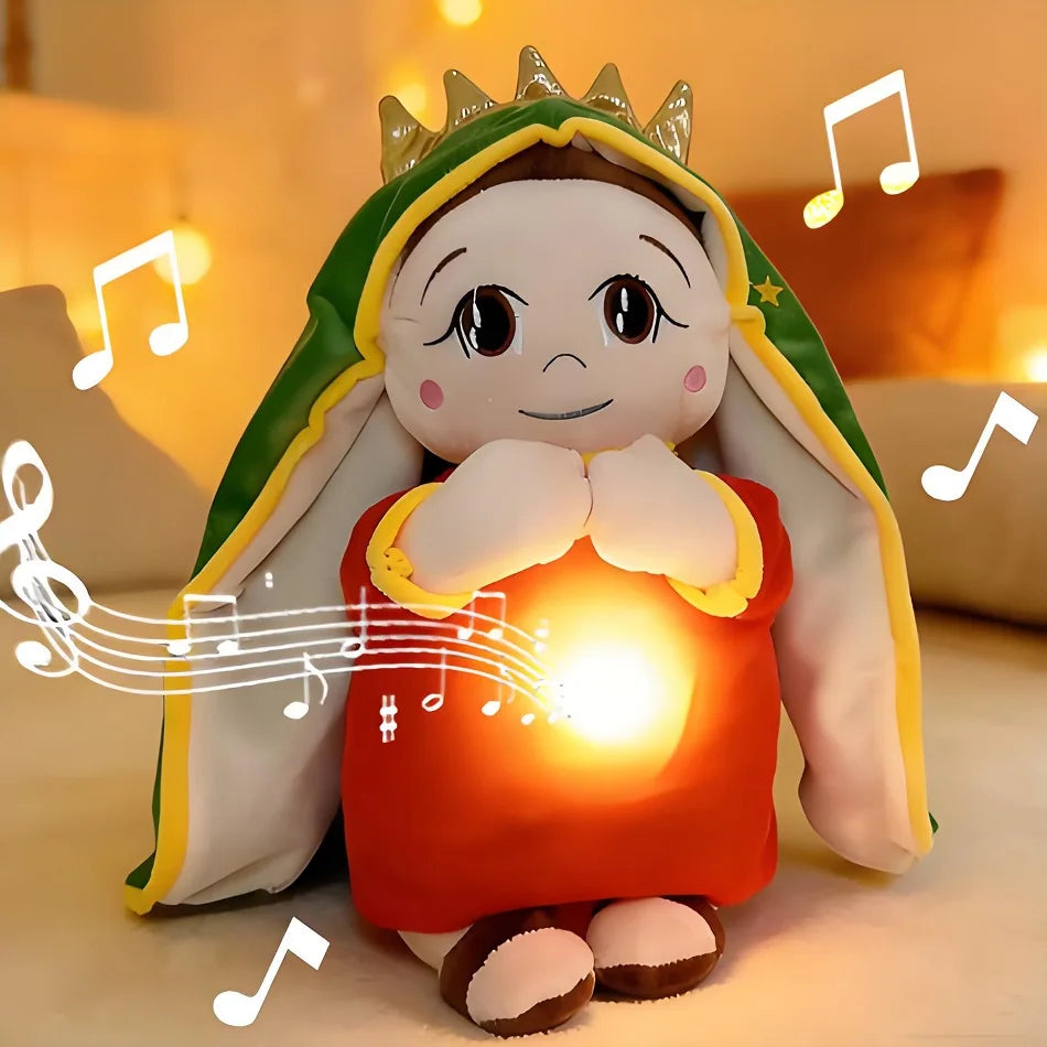 A plush toy resembling a baby with horns, glowing warmly, and musical notes floating around it.