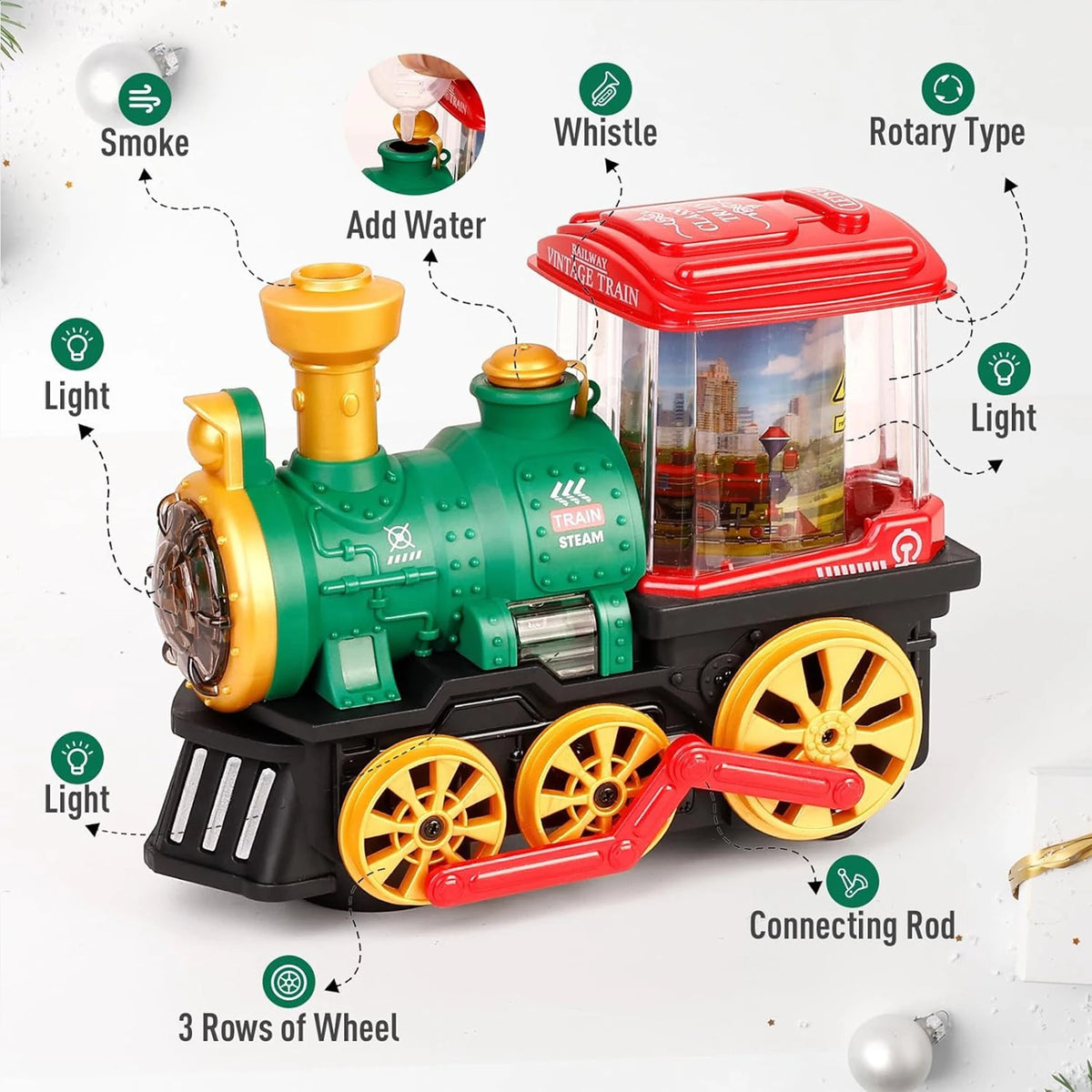 A green and red electric steam train toy truck with lights, whistle, and rotary type features.