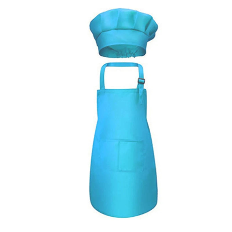 A bright blue kids chef apron and hat set.