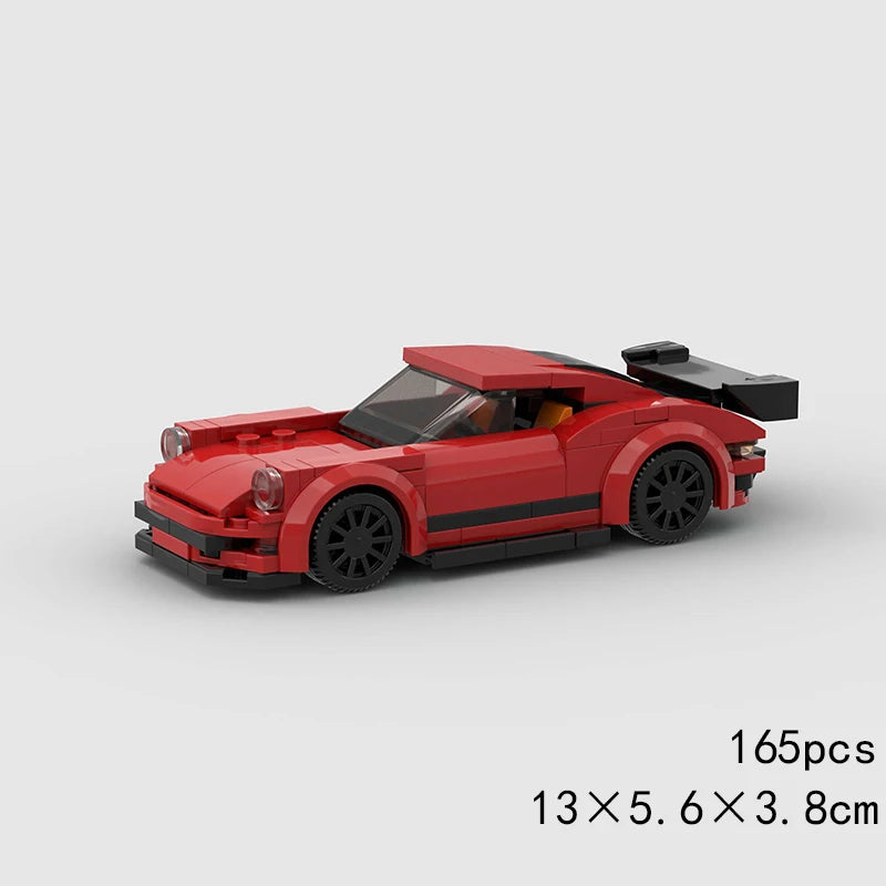 A red classic rally car building block set with black accents and a spoiler.