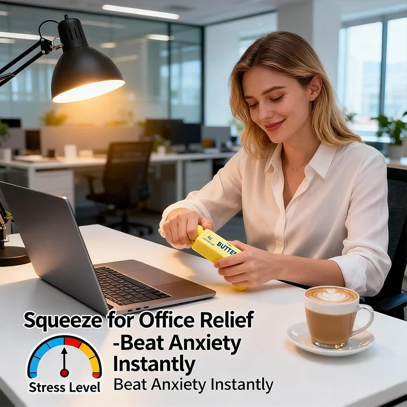 A woman uses a yellow butter stick fidget toy at an office desk while working.