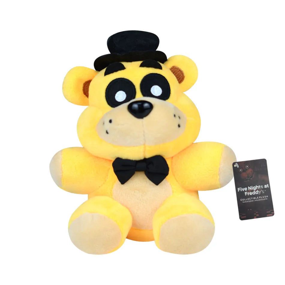 A yellow and black plush toy resembling a bear character from Five Nights at Freddy's