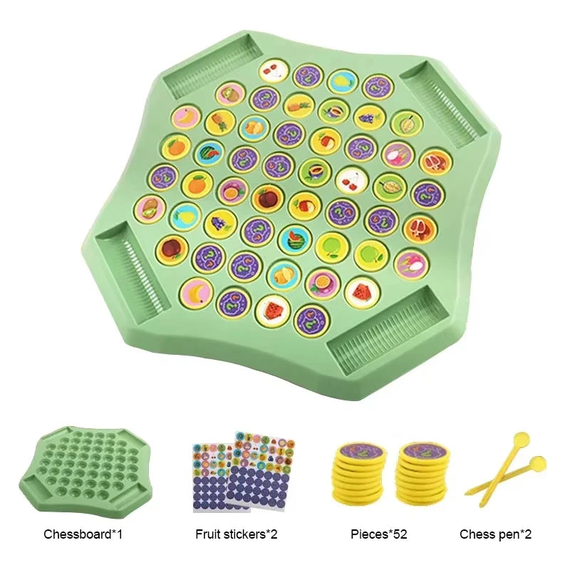 A green plastic chessboard with numerous fruit stickers and chess pieces for memory matching game
