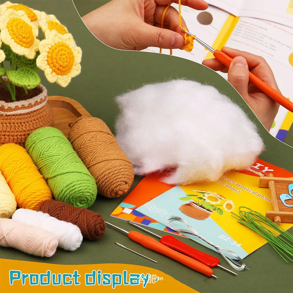 Hands prepare a DIY potted plant crochet kit with yarn and tools for beginners.