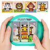 A hand holds a green rotating puzzle toy featuring a cartoon giraffe character.