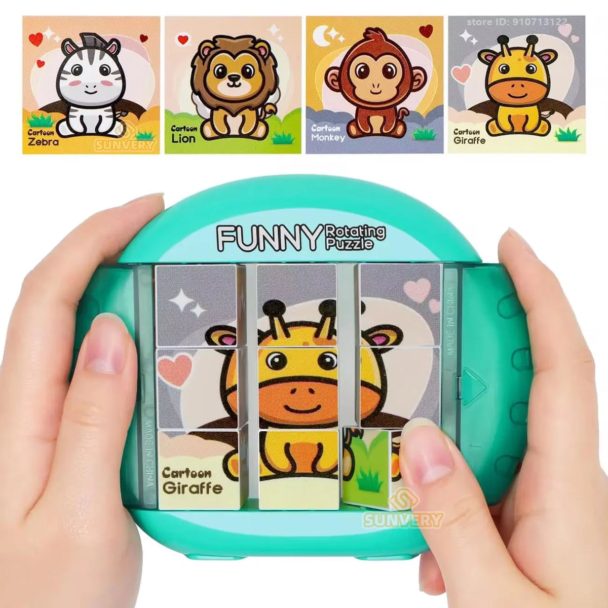 A hand holds a green rotating puzzle toy featuring a cartoon giraffe character.