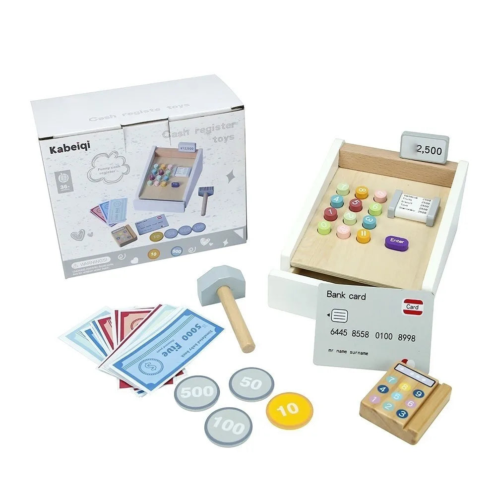 Wooden pretend play supermarket checkout counter with cash register and bank cards