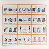 A set of flashcards showing various verb tenses and actions for children's grammar and vocabulary learning.