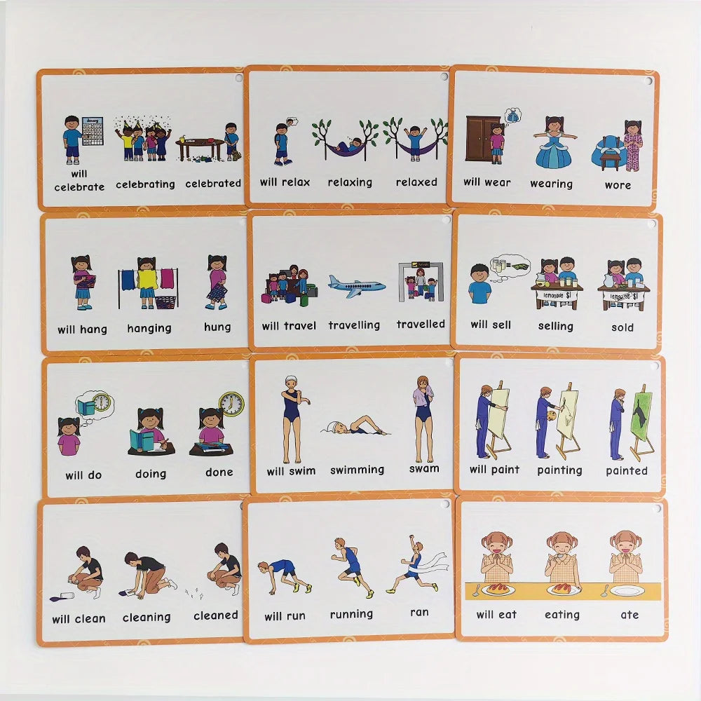 A set of flashcards showing various verb tenses and actions for children's grammar and vocabulary learning.