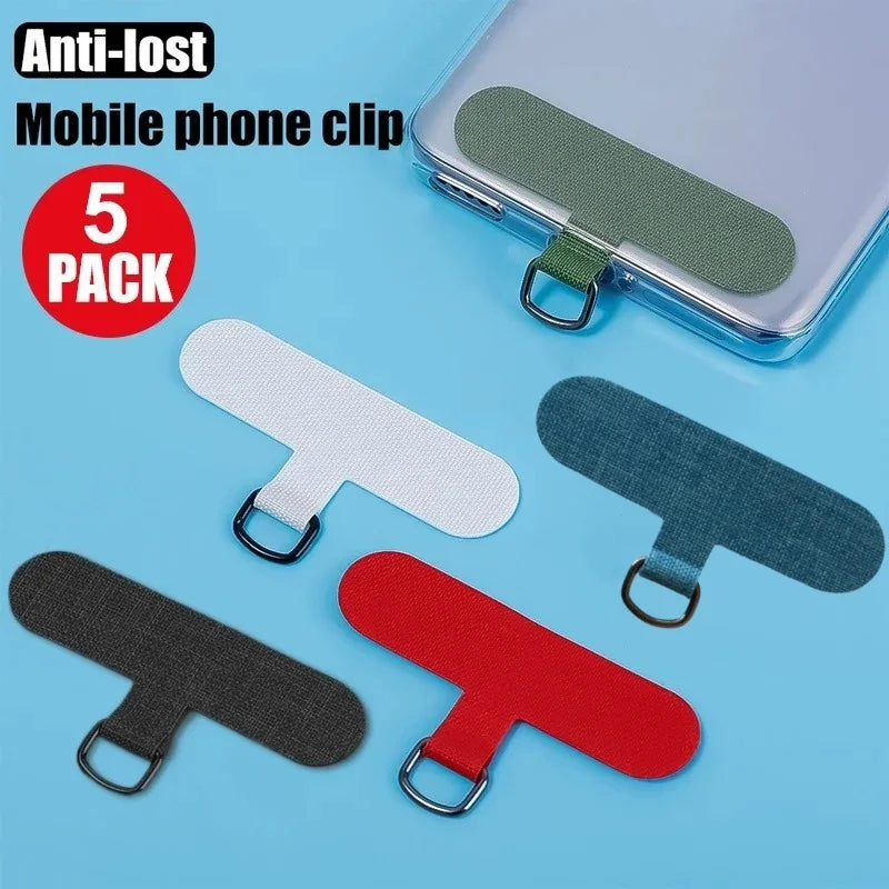 Five anti-lost mobile phone clips in various colors including green, white, blue, and red for handsfree holding