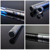 Close-up shots of an RGB metal lightsaber with a removable blade and sound effects, shown in various angles.