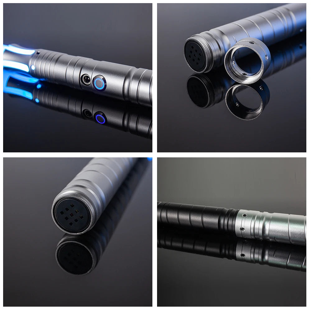 Close-up shots of an RGB metal lightsaber with a removable blade and sound effects, shown in various angles.