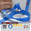 Blue flexible track racing cars and blue track pieces with various colored cars available