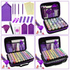 A purple diamond painting storage kit showing various tools, accessories, and organized paint palettes in a black case.