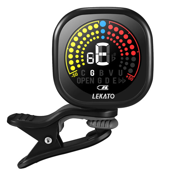 A black clip-on guitar tuner with a chromatic display showing tuning information.
